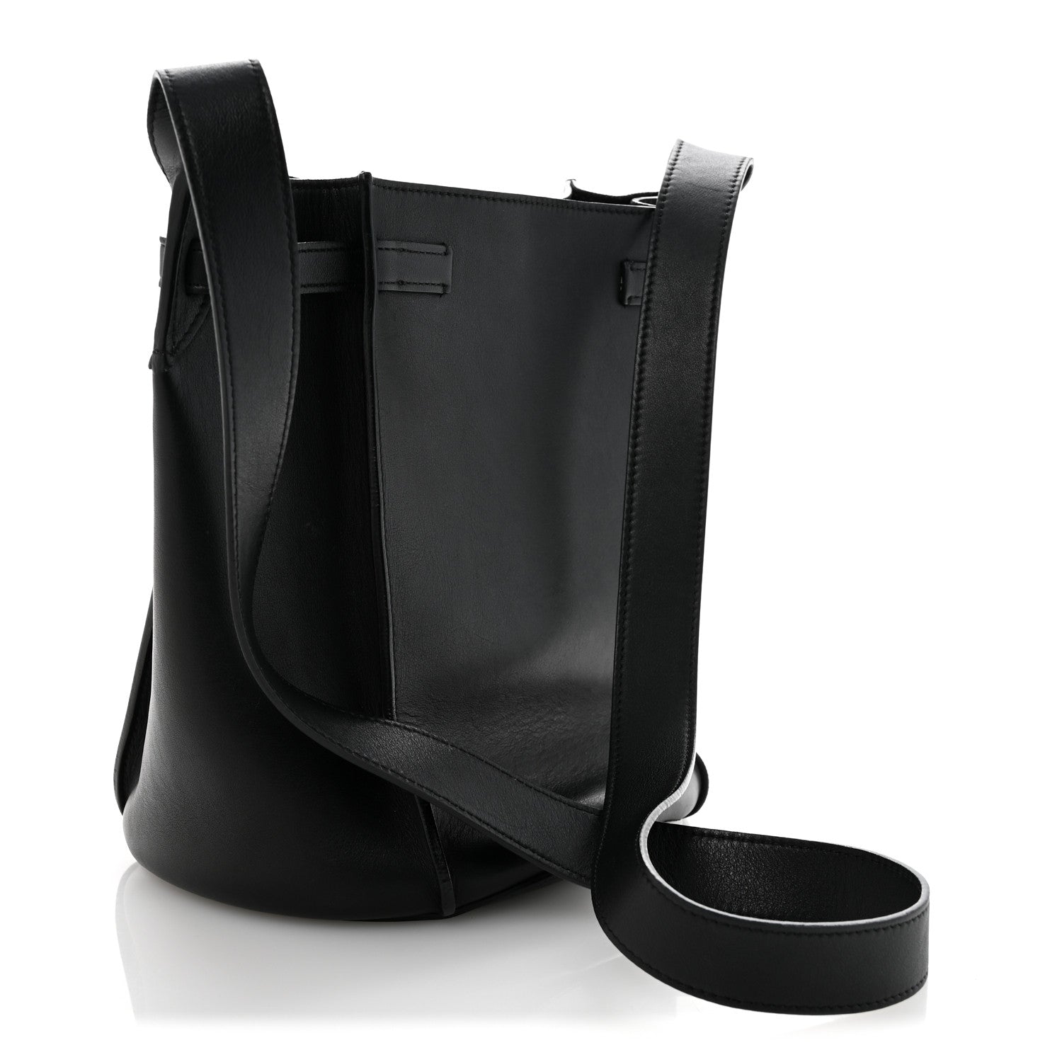 Supple Grained Calfskin Long Strap Big Bag Bucket Black