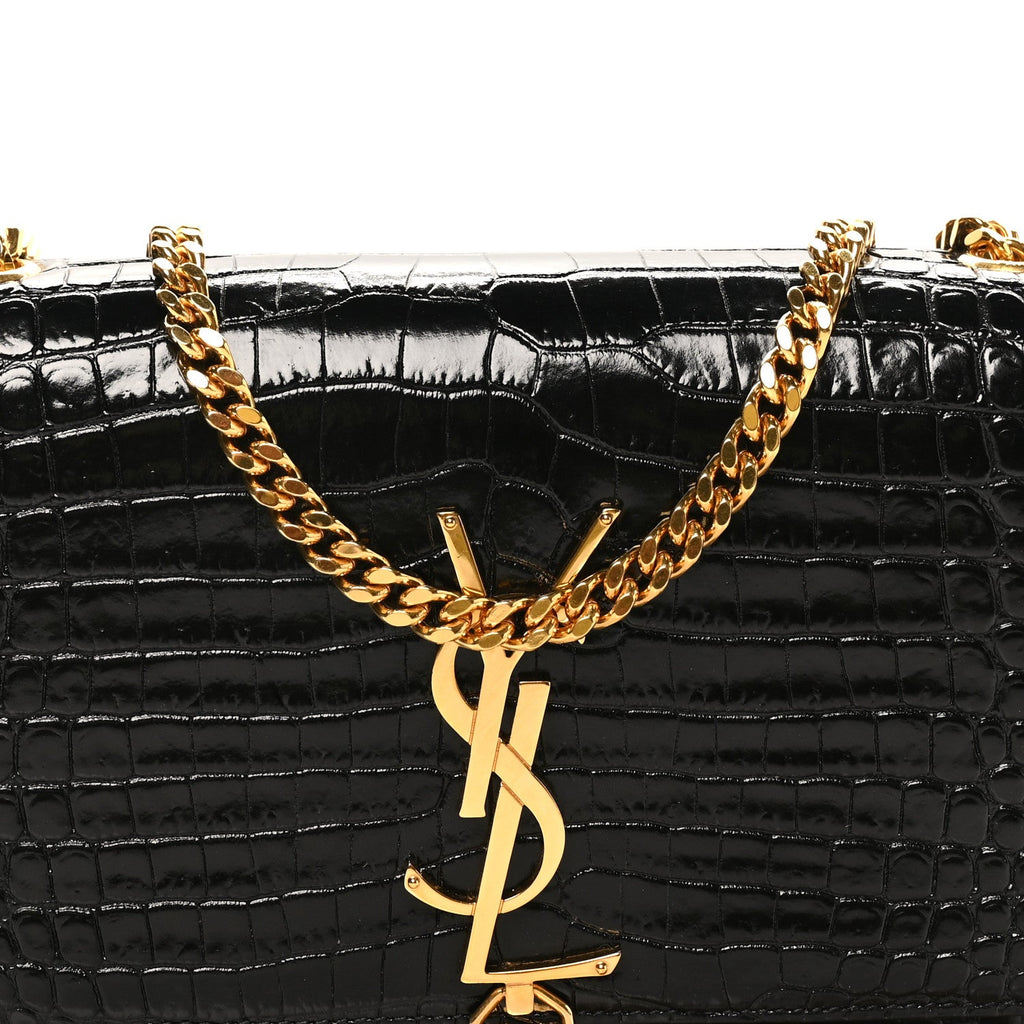 Calfskin Crocodile Embossed Small Classic Monogram Kate Tassel Satchel Black