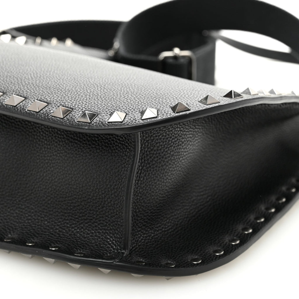 Grained Calfskin Rockstud Hobo Shoulder Bag Black