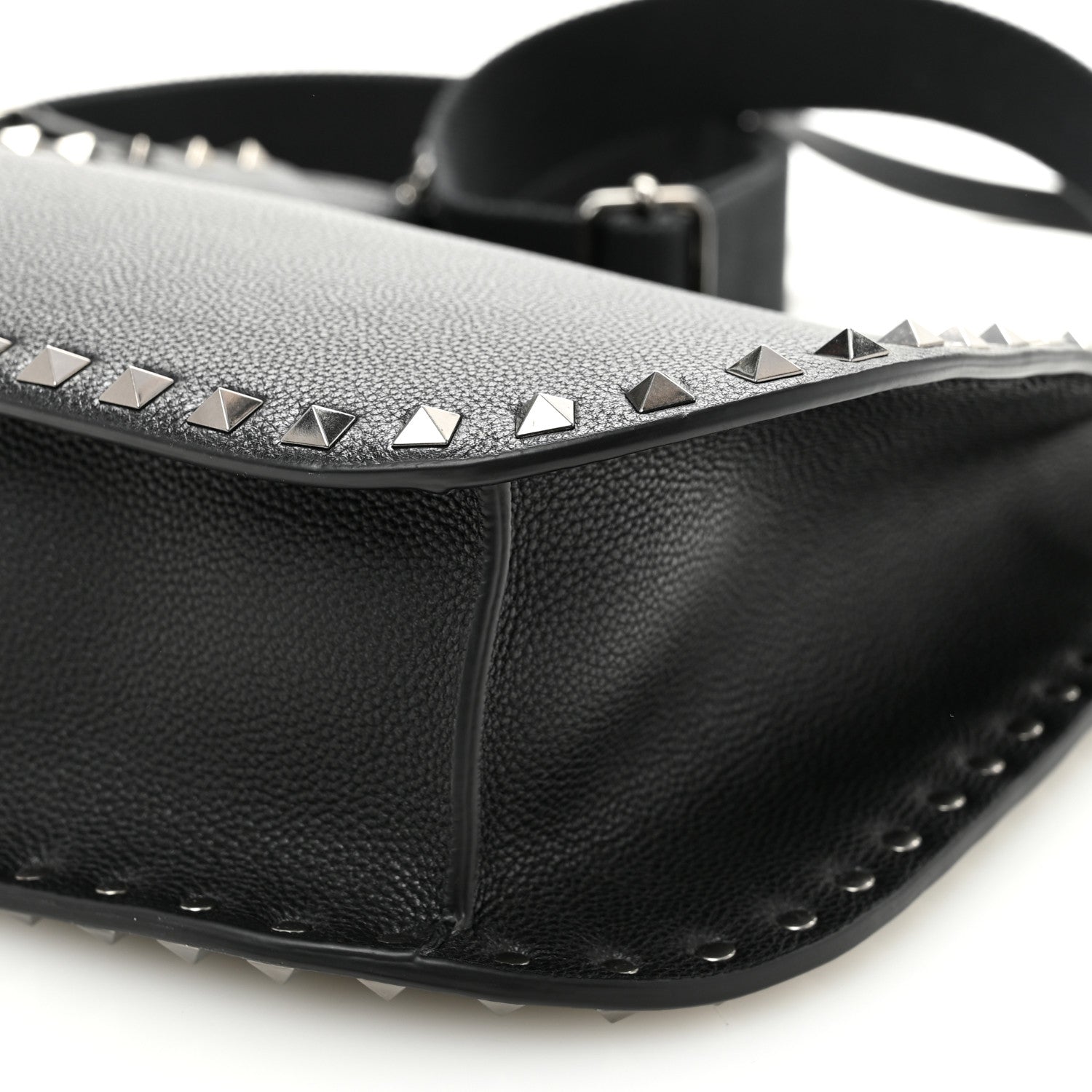 Grained Calfskin Rockstud Hobo Shoulder Bag Black