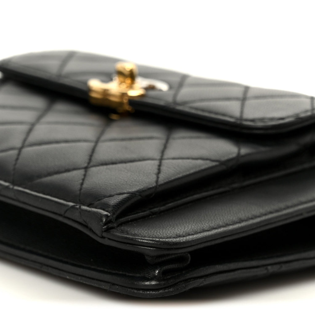 Lambskin Quilted Square Front Pocket Clutch With Chain Black