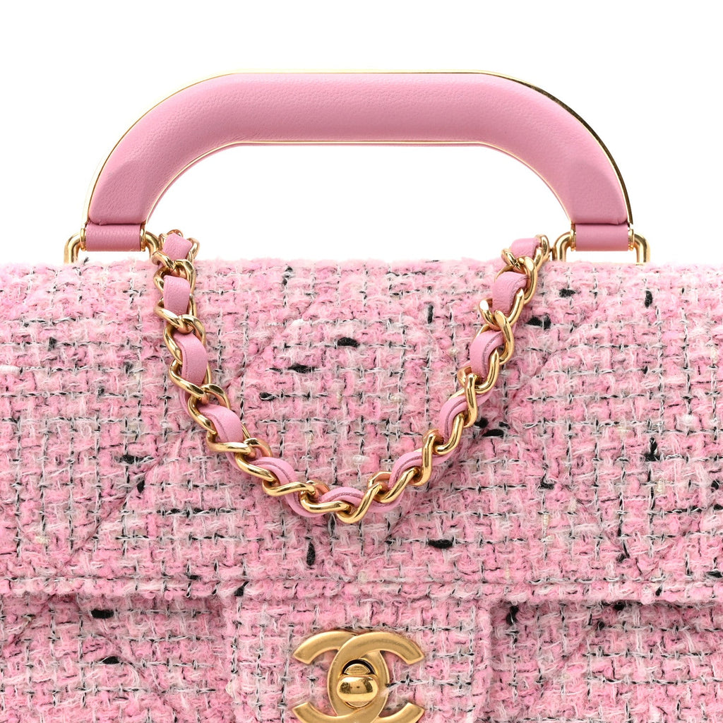 Tweed Large Top Handle Clutch With Chain Pink Black Ecru