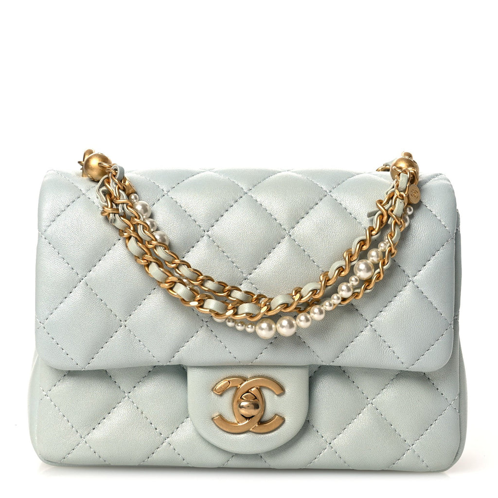 Shiny Lambskin Quilted Pearl Twist Mini Square Flap Light Blue