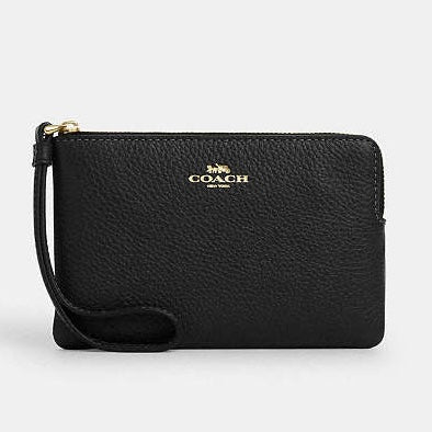COACH Corner Zip Wristlet Black Pebble  Leather NWT
