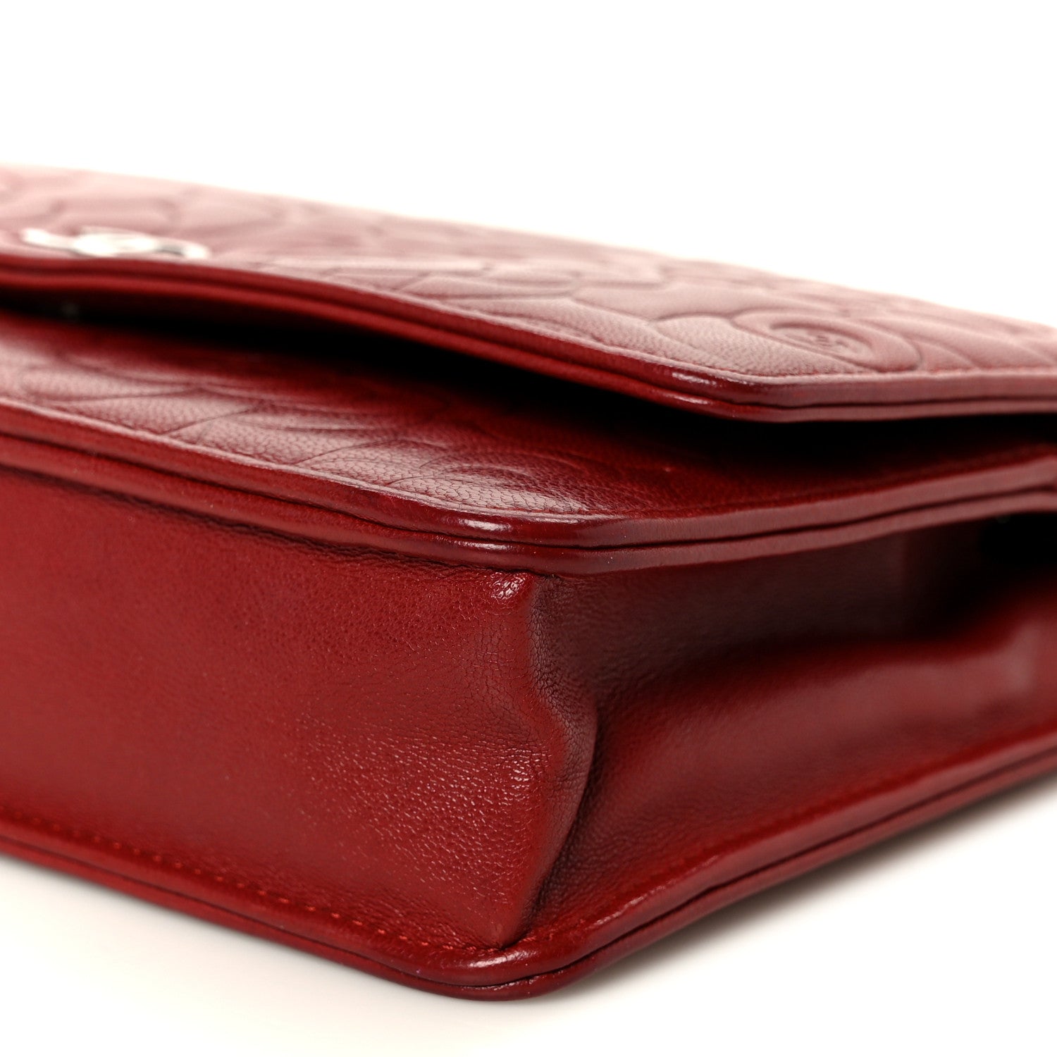 Lambskin Camellia Embossed Wallet on Chain WOC Red