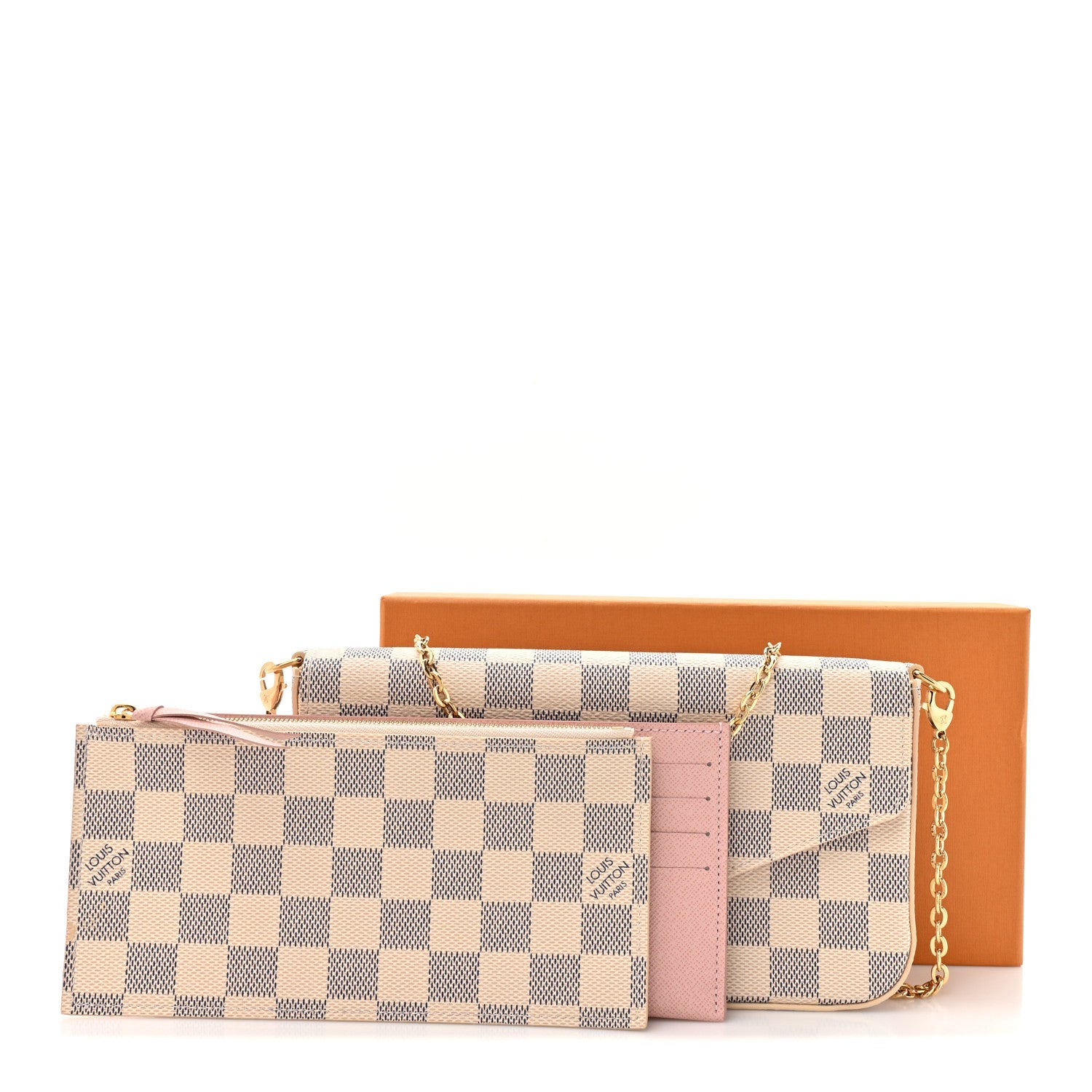 Damier Azur Pochette Felicie Chain Wallet Rose Ballerine