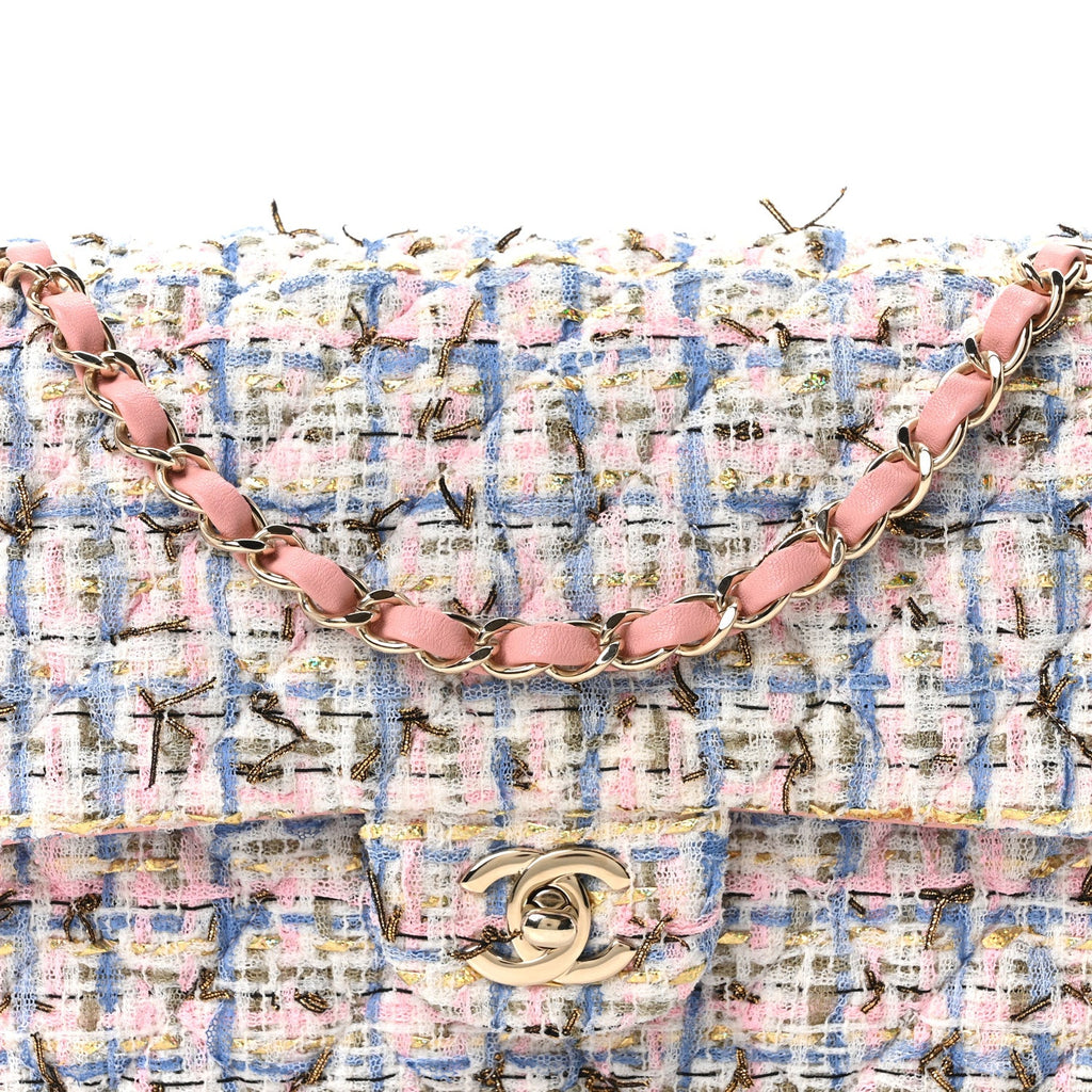 Tweed Quilted Medium Double Flap Blue Pink Gold White