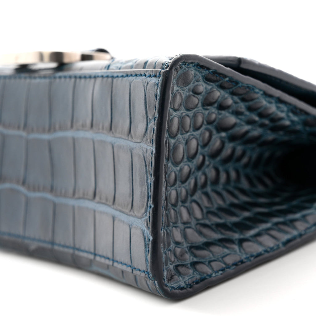 Shiny Calfskin Crocodile Embossed Hourglass Top Handle Bag XS Denim Blue