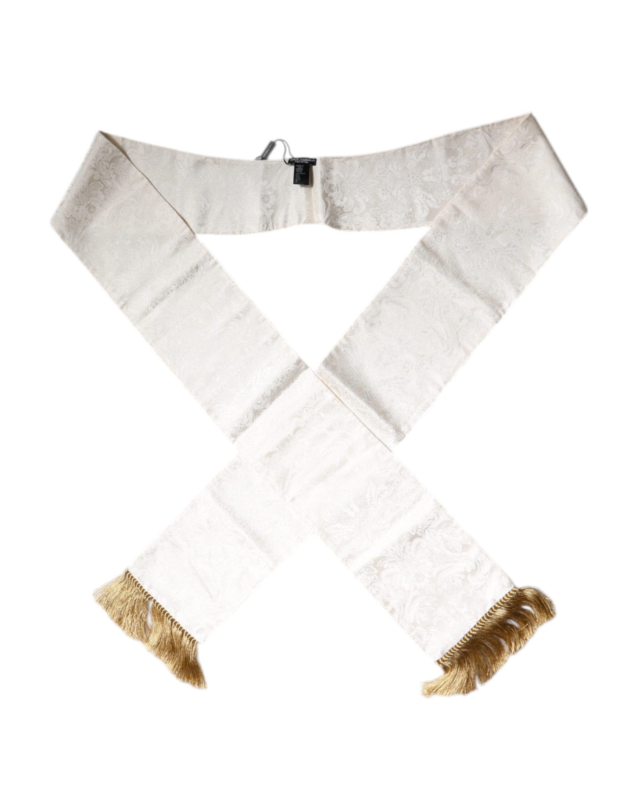 Dolce & Gabbana White Floral Jacquard Skinny Fringes Men's Scarf