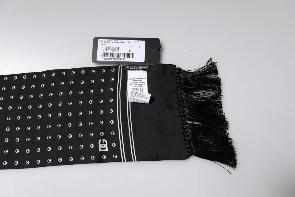 Dolce & Gabbana Black White Polka Dotted Silk Skinny Fringes Men's Scarf