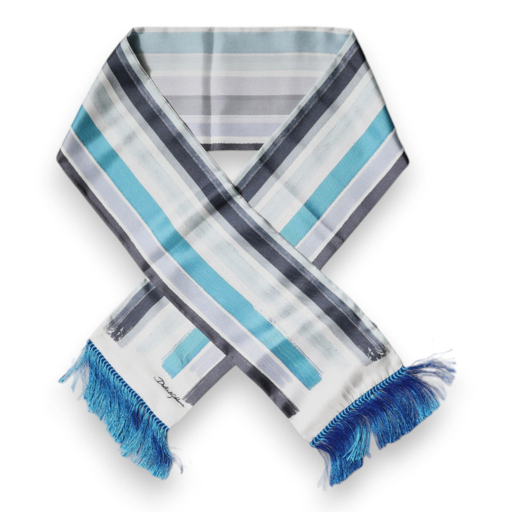 Dolce & Gabbana White Blue Stripes Silk Fringes Wrap Men's Scarf