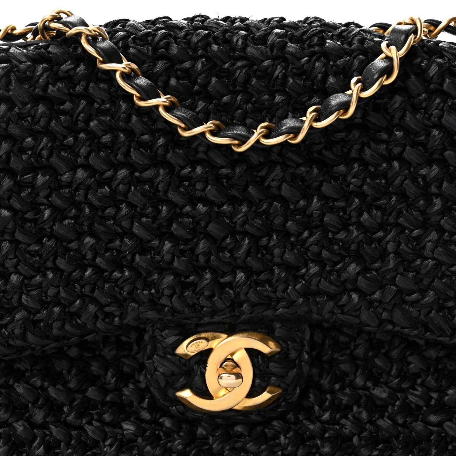 Raffia Crochet Paris Greece Medium Flap Bag Black