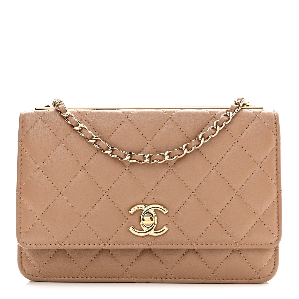 Lambskin Quilted Trendy CC Wallet On Chain WOC Beige