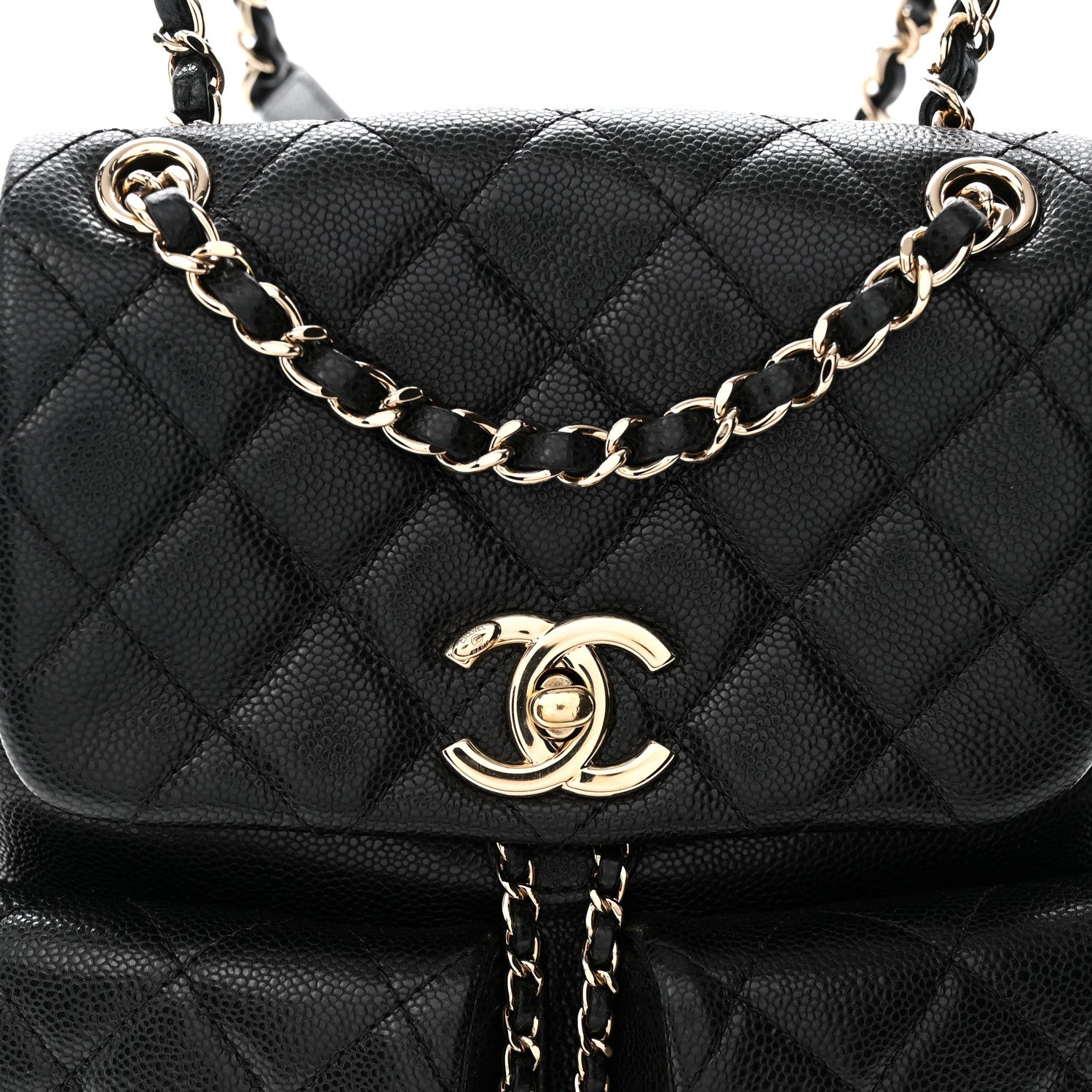 Shiny Caviar Quilted Medium Duma Pockets Drawstring Backpack Black