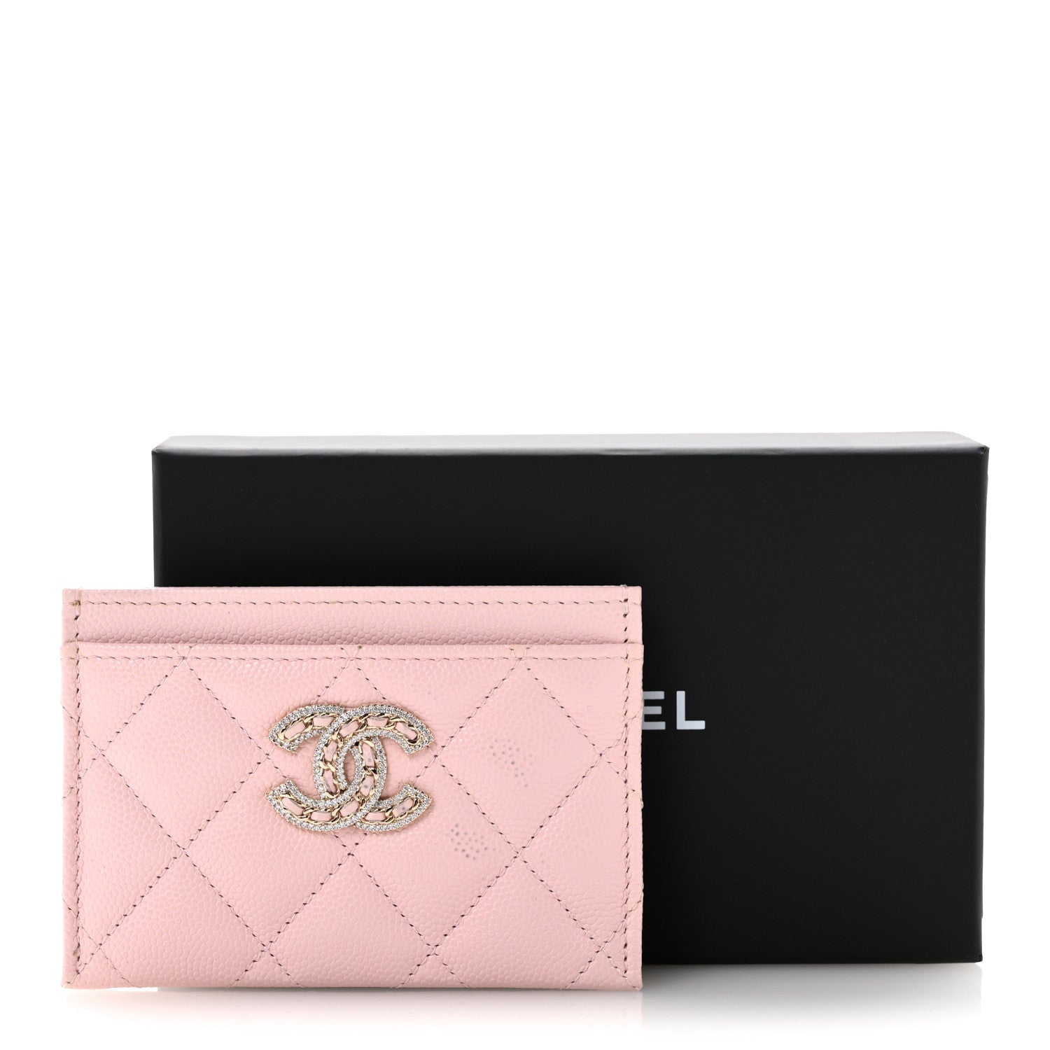 Caviar Quilted Crystal Card Holder Pink