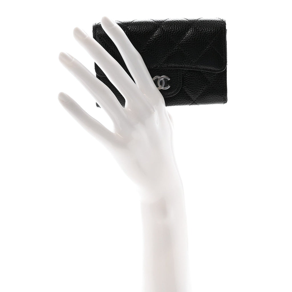 Caviar Quilted Flap Card Holder Wallet Black