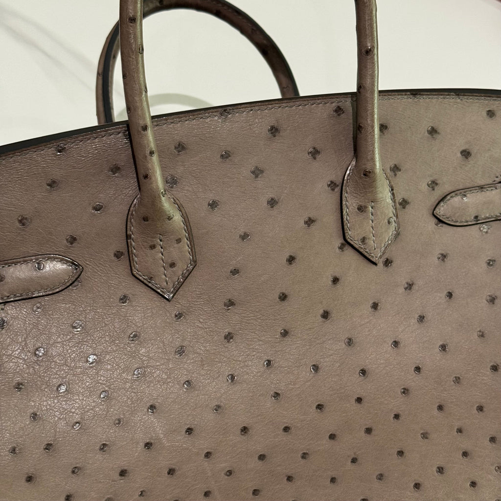 HERMÈS BIRKIN 30 OSTRICH LEATHER MOUSE GREY SILVER HARDWARE O STAMP