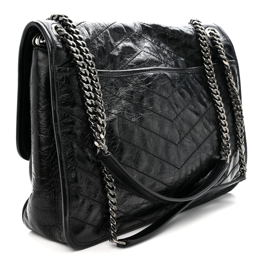 Crinkled Calfskin Matelasse Monogram Large Niki Chain Satchel Black