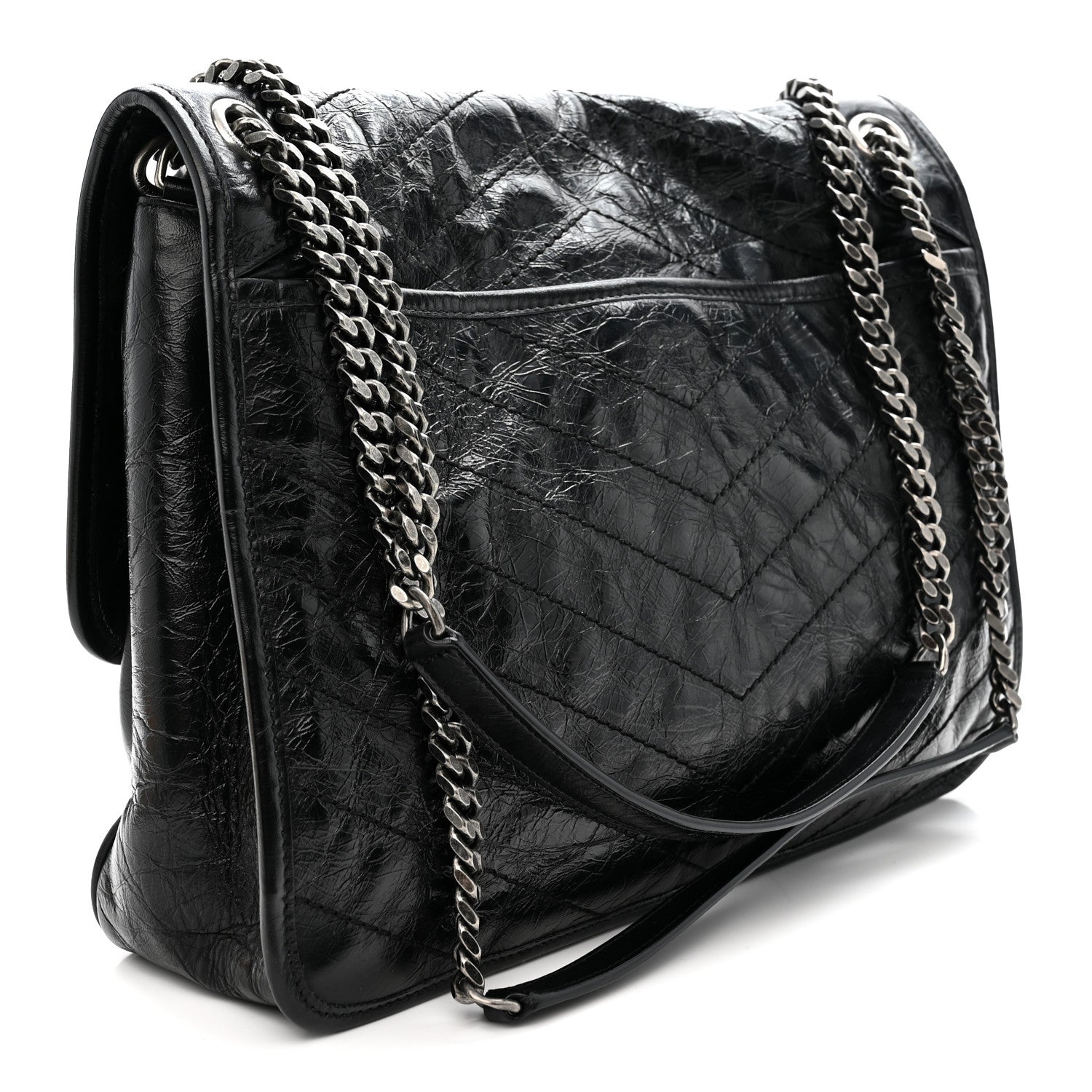 Crinkled Calfskin Matelasse Monogram Large Niki Chain Satchel Black