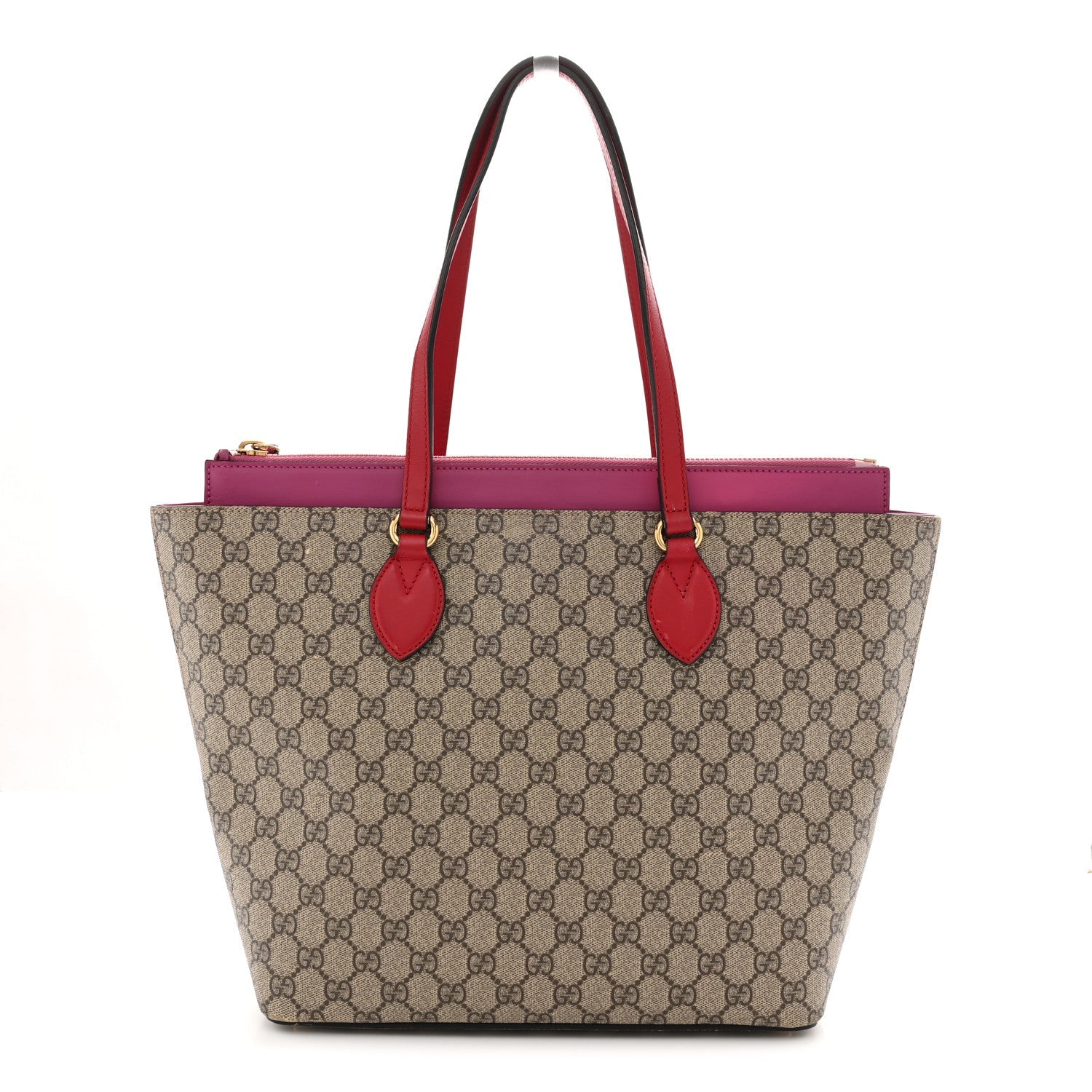 GG Supreme Monogram Medium Zippered Bucket Tote Beige Hibiscus Red New Rosette