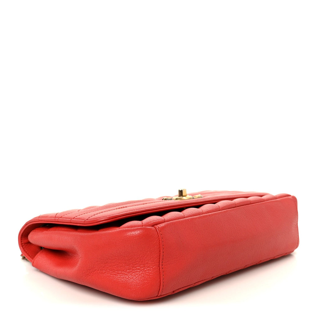 Shiny Goatskin Diagonal Quilted Medium Flap Red