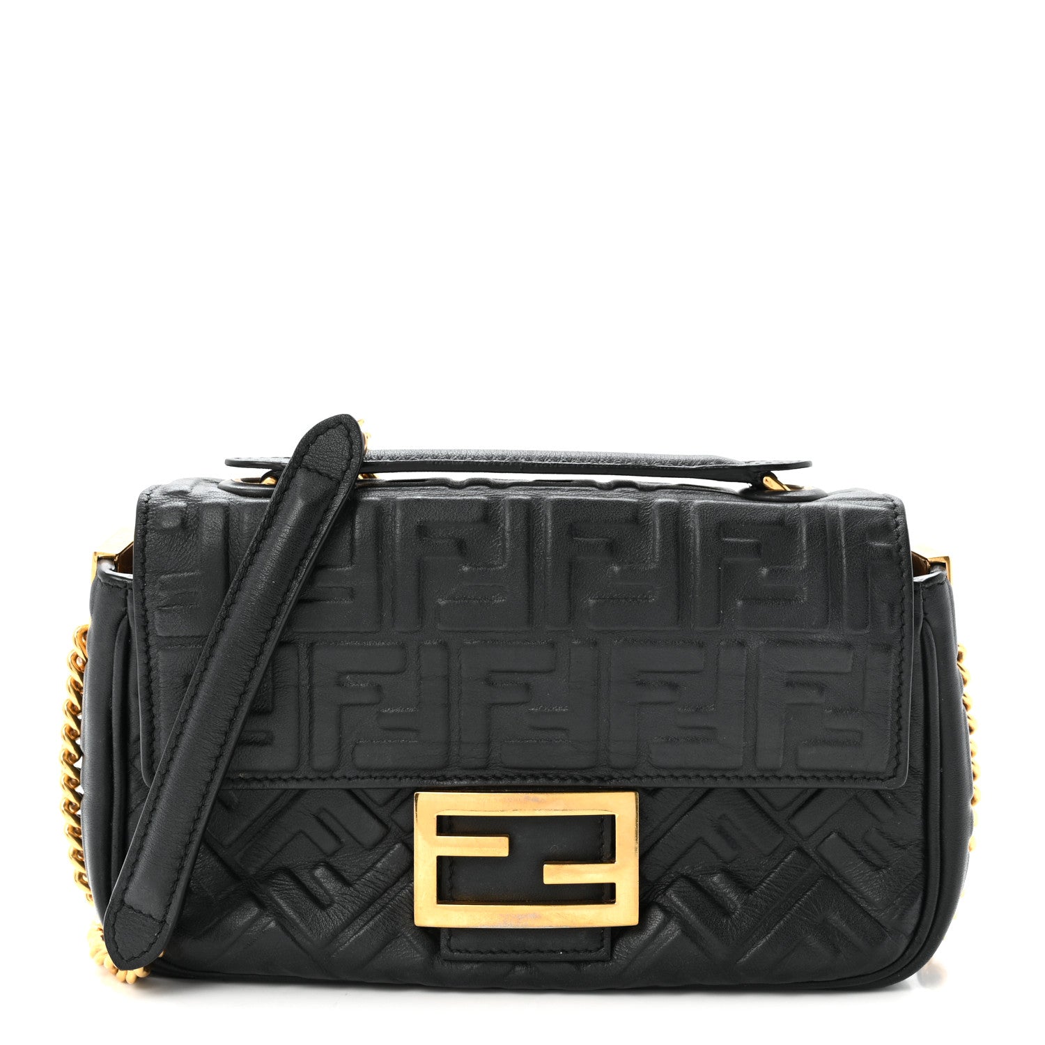 Nappa Small FF Embossed Midi Chain Baguette Black