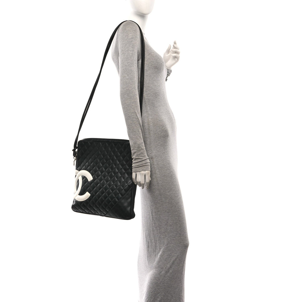 Calfskin Quilted Large Cambon Messenger Black White