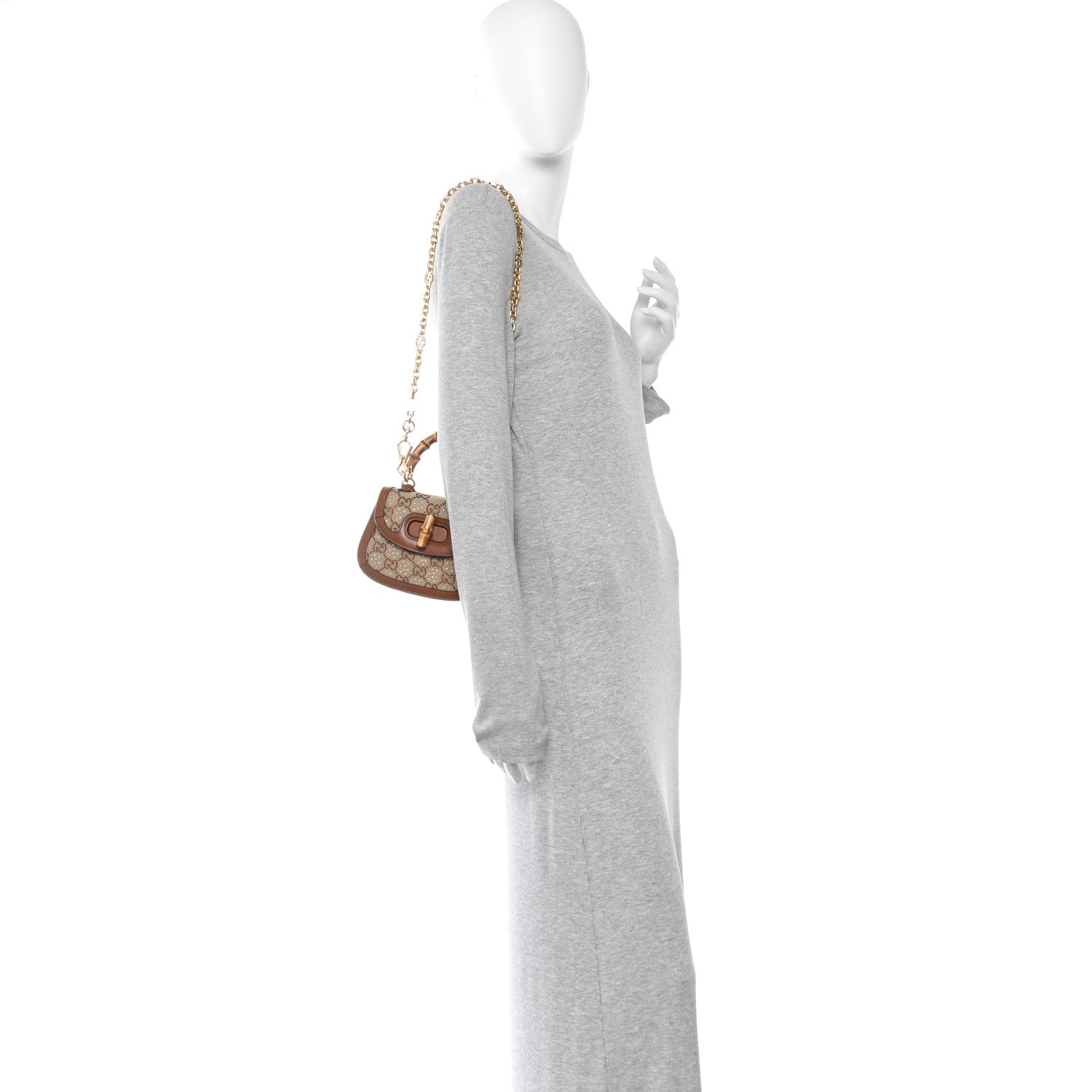 New Canvas Charisma Calfskin Crystal GG Monogram Small Bamboo 1947 Top Handle Bag Camel Ebony