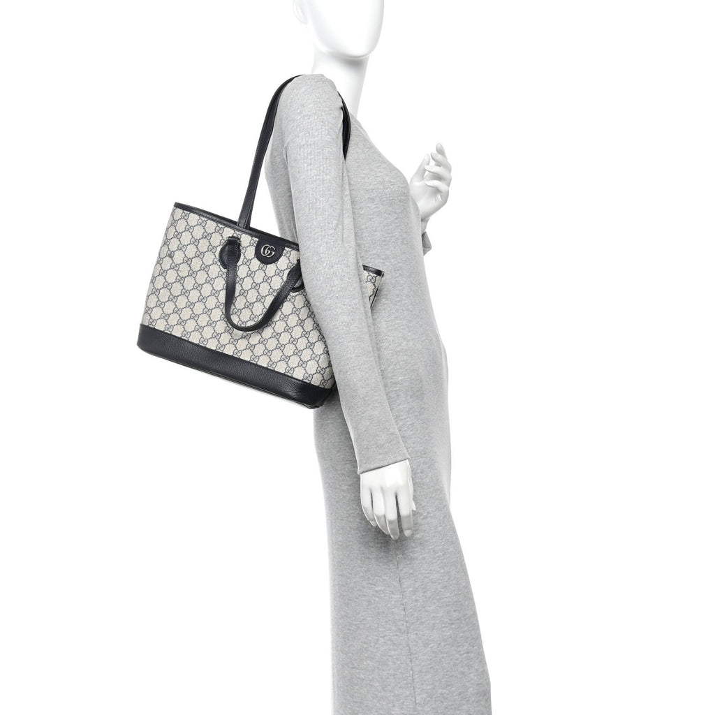 GG Supreme Monogram Textured Dollar Calfskin Medium Shoulder Tote Bag Beige Blue