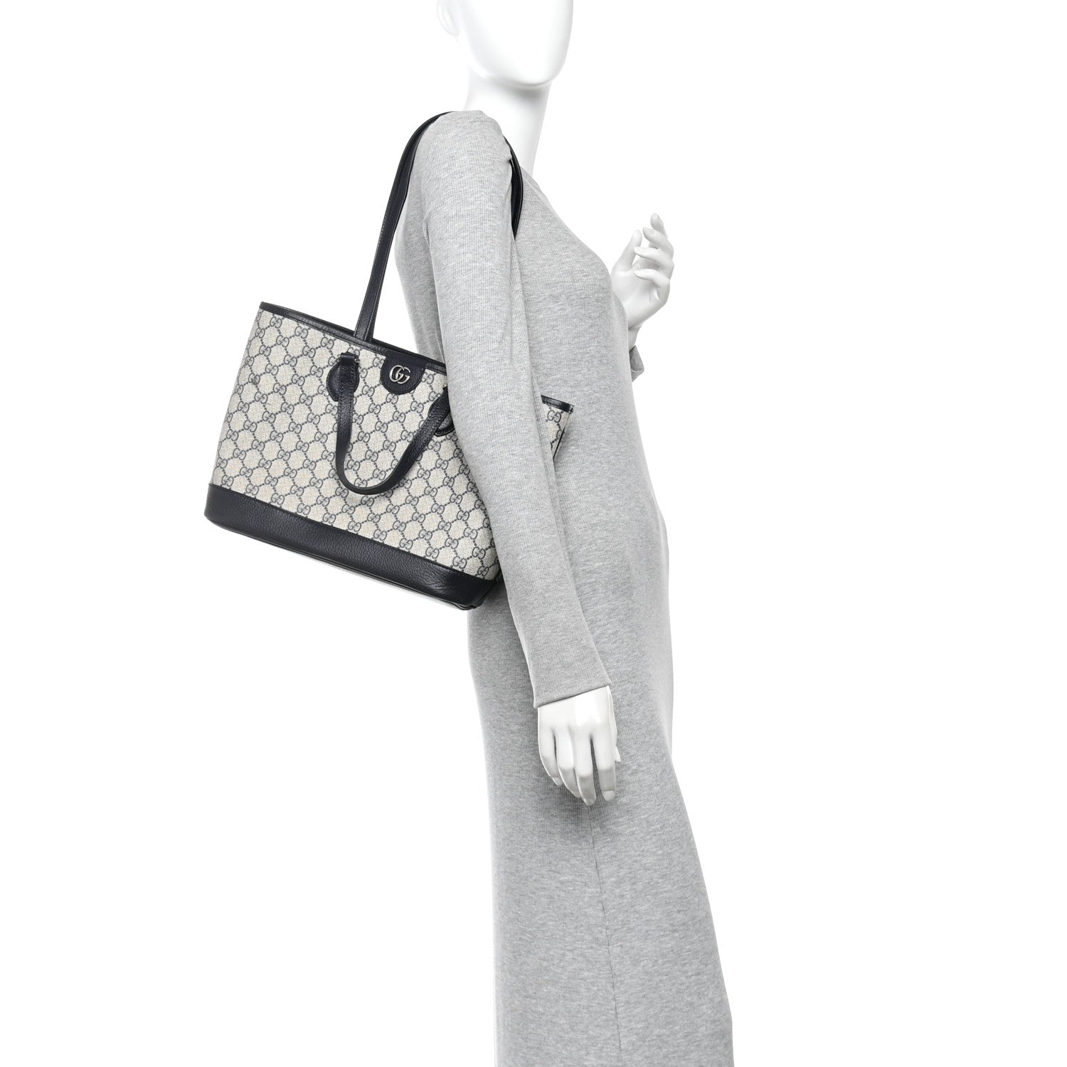 GG Supreme Monogram Textured Dollar Calfskin Medium Shoulder Tote Bag Beige Blue