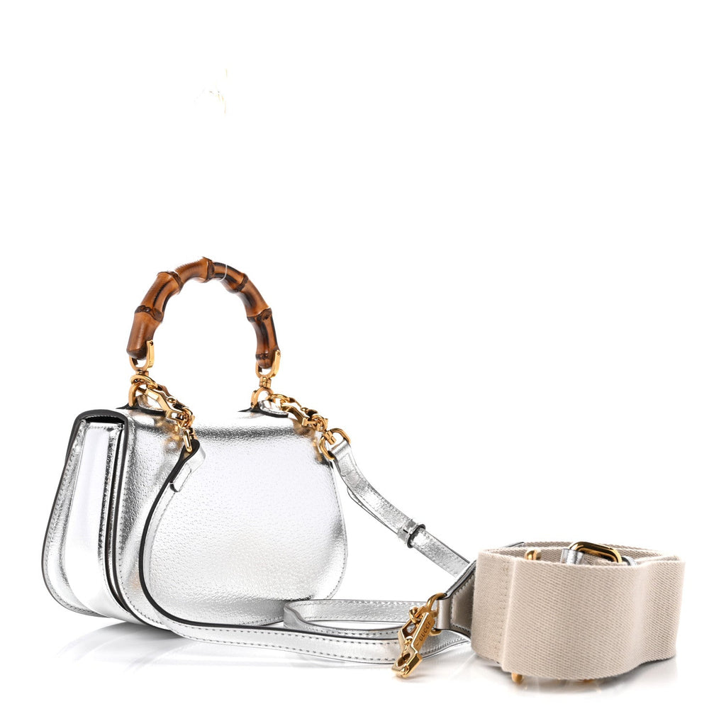 Metallic Calfskin Mini Bamboo 1947 Top Handle Bag Silver