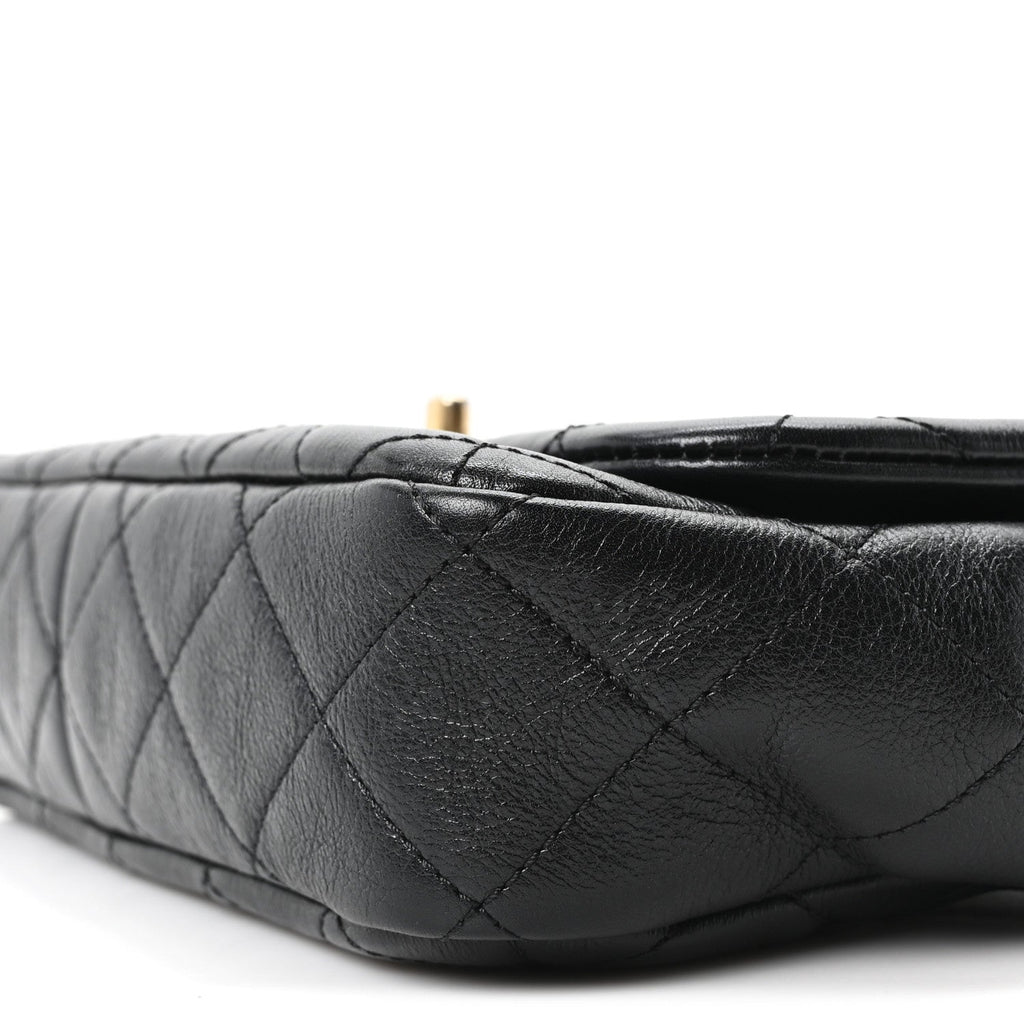 Glazed Calfskin Quilted Pearl Side Flap Black