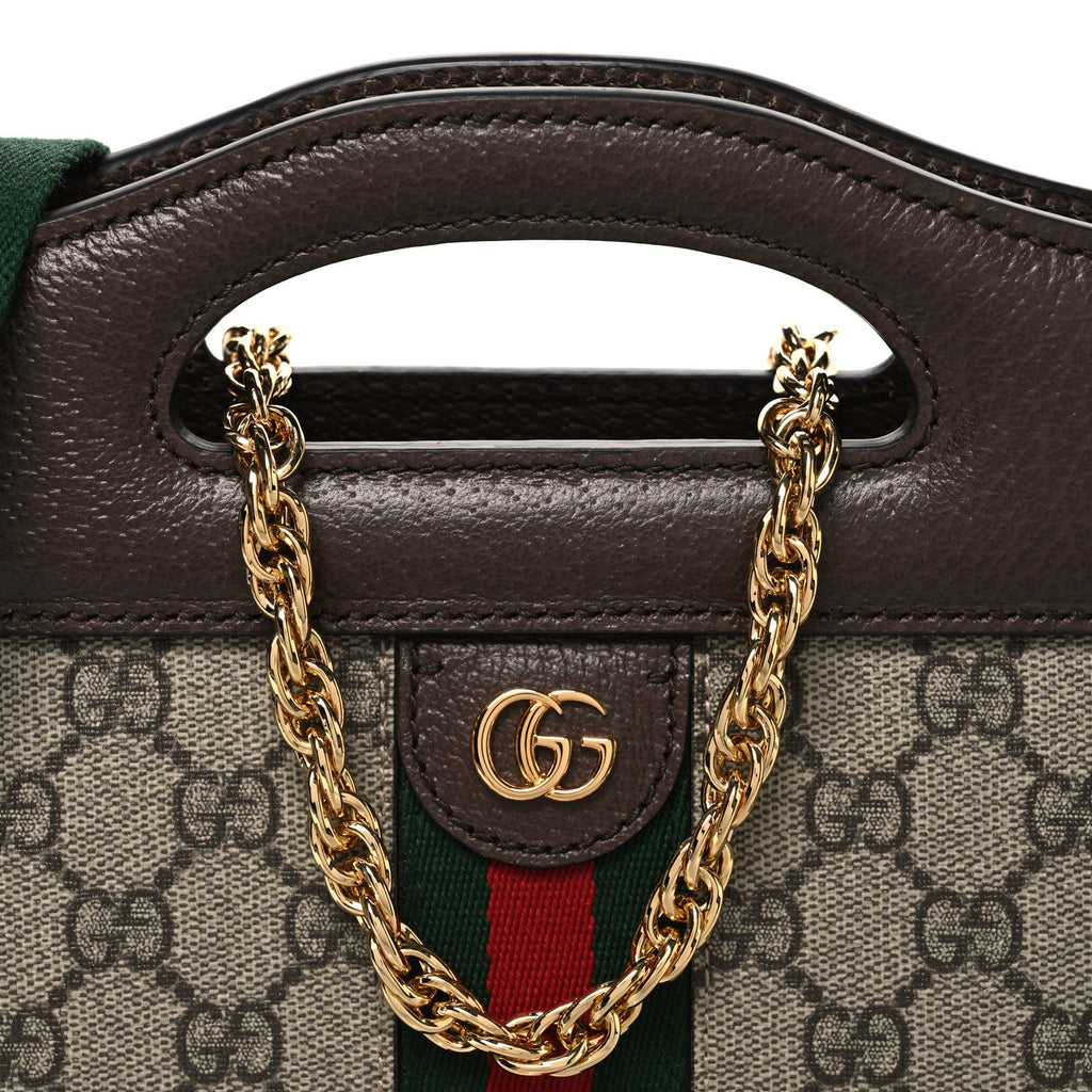 GG Supreme Monogram Textured Dollar Calfskin Web Small Ophidia Slip Handle Tote Beige Ebony New Acero