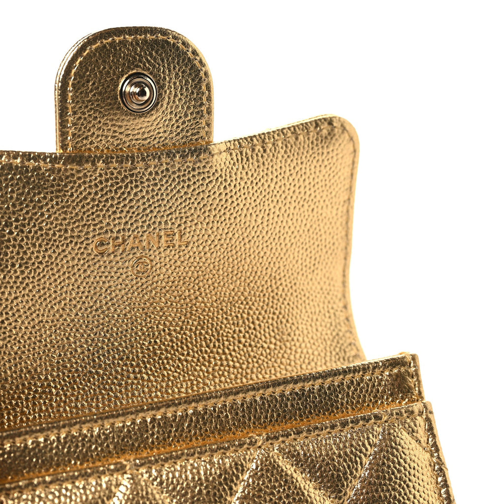 Metallic Caviar Quilted Flap Card Holder Wallet Gold