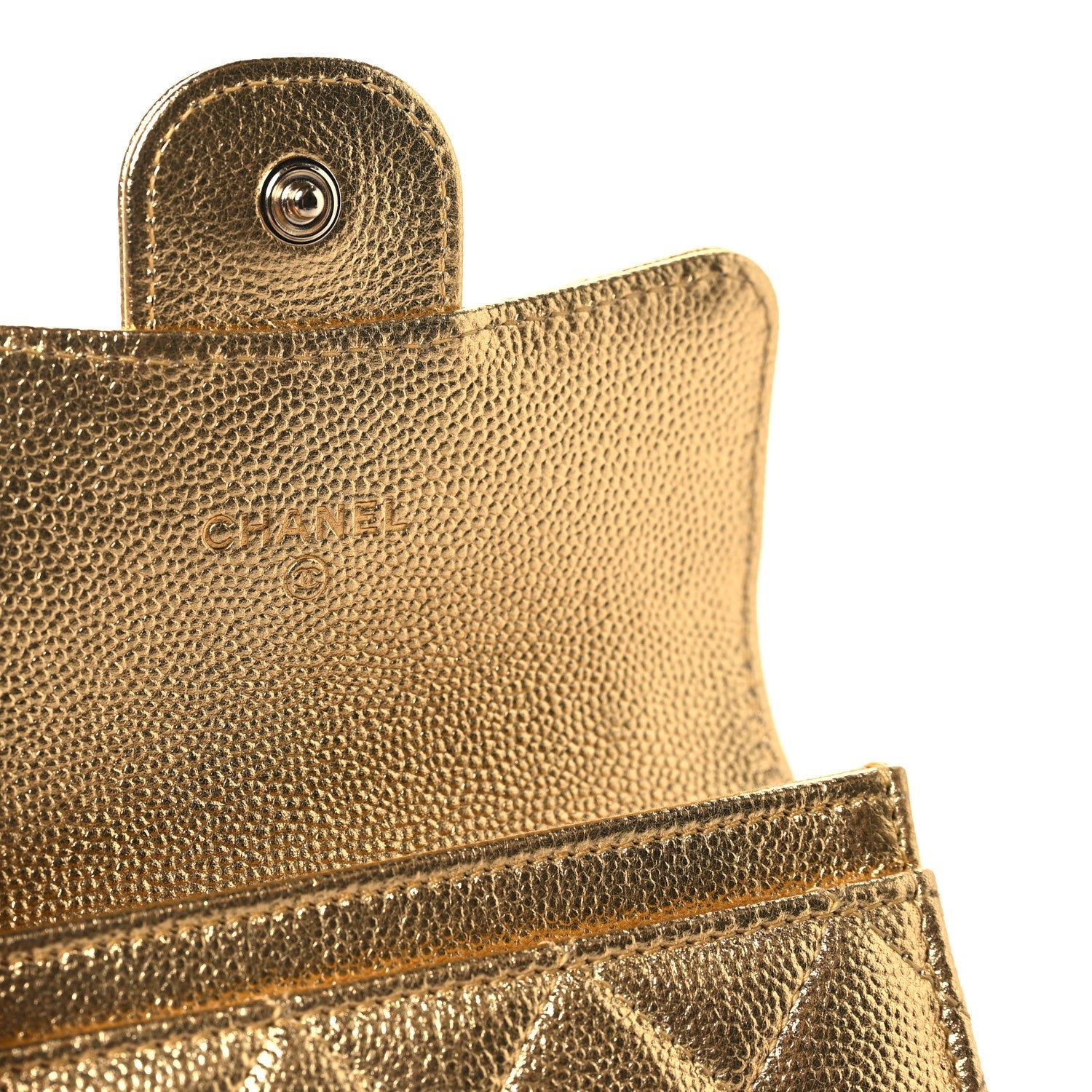 Metallic Caviar Quilted Flap Card Holder Wallet Gold