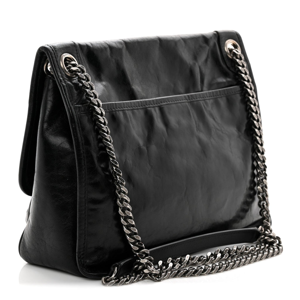Crinkled Calfskin Monogram Medium Niki Chain Satchel Black