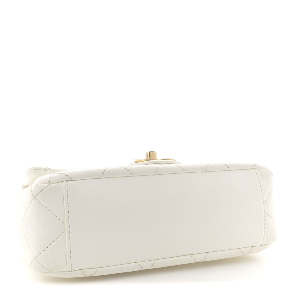Shiny Lambskin Quilted Mini Flap White