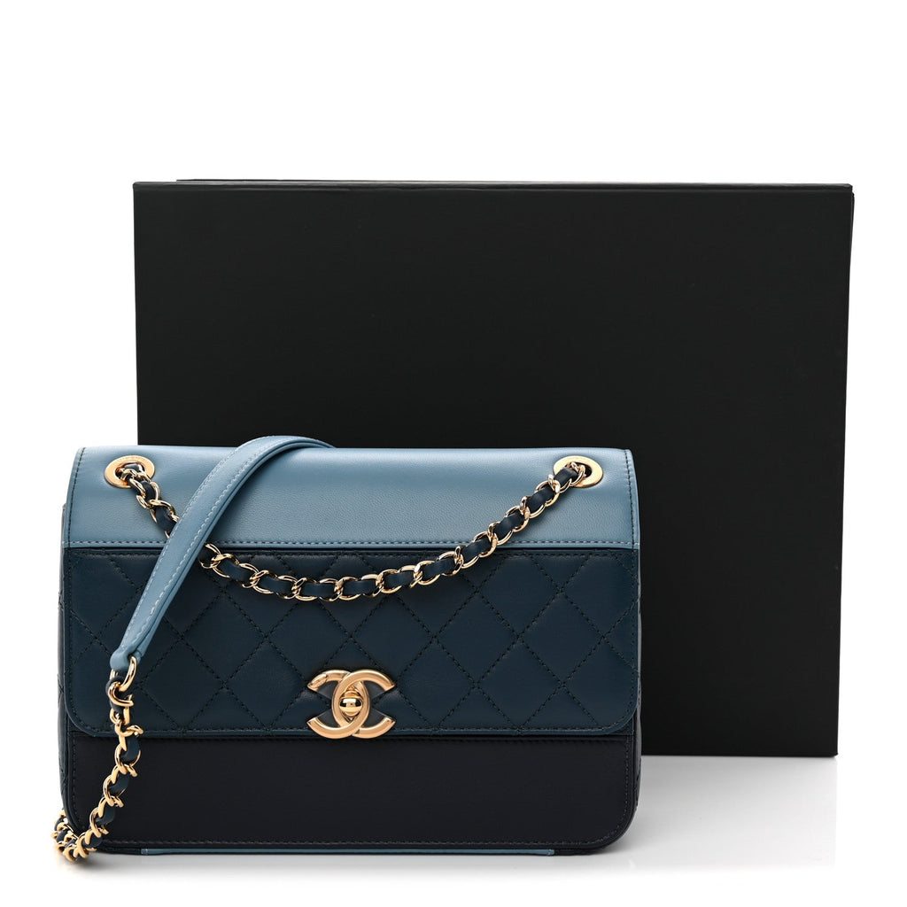 Lambskin Calfskin Quilted Shoulder Flap Bag Dark Blue Light Blue