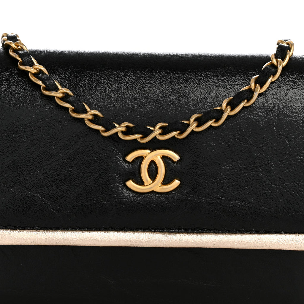 Metallic Calfskin Clutch With Chain Black Gold