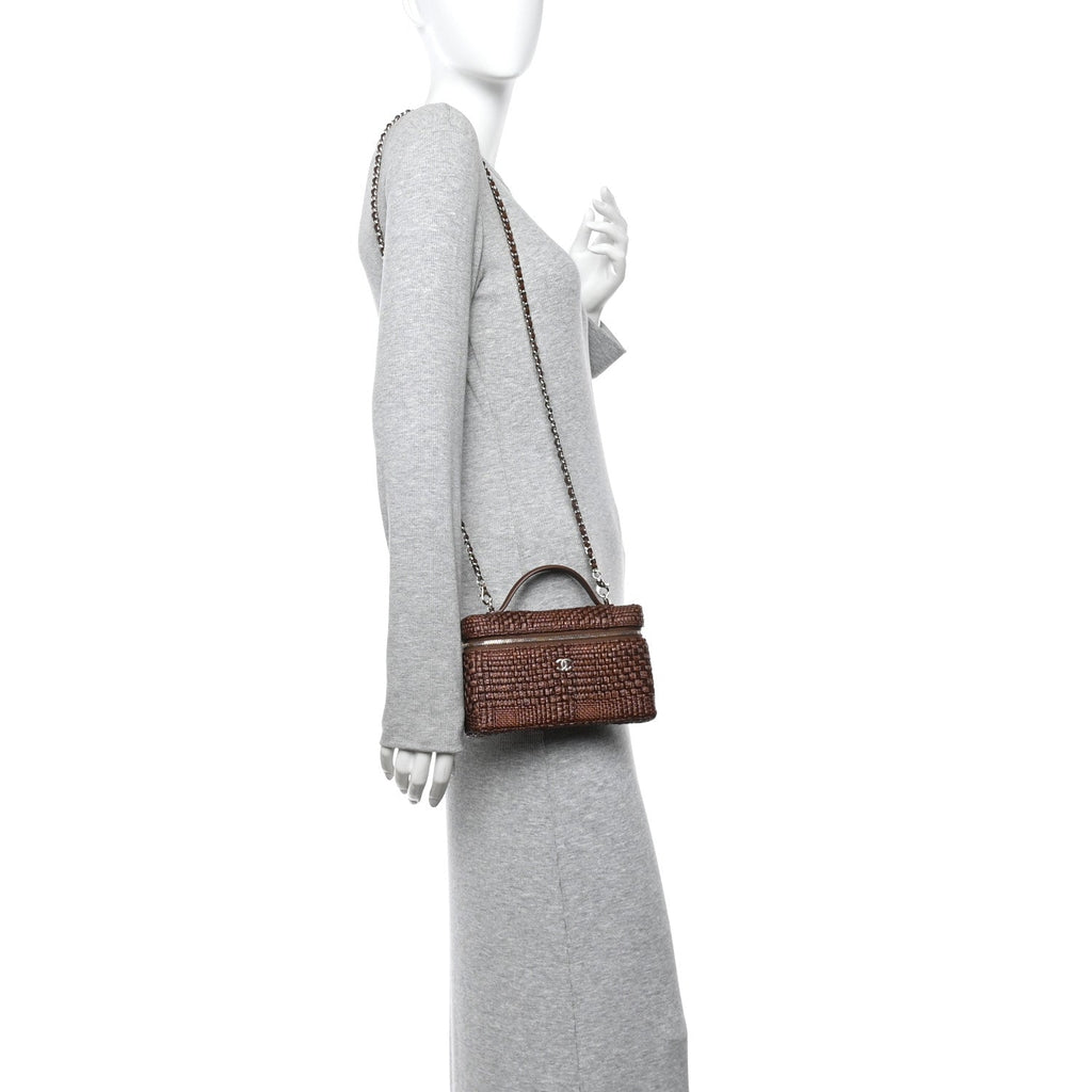 Braided Raffia Top Handle Slim Vanity With Chain Brown