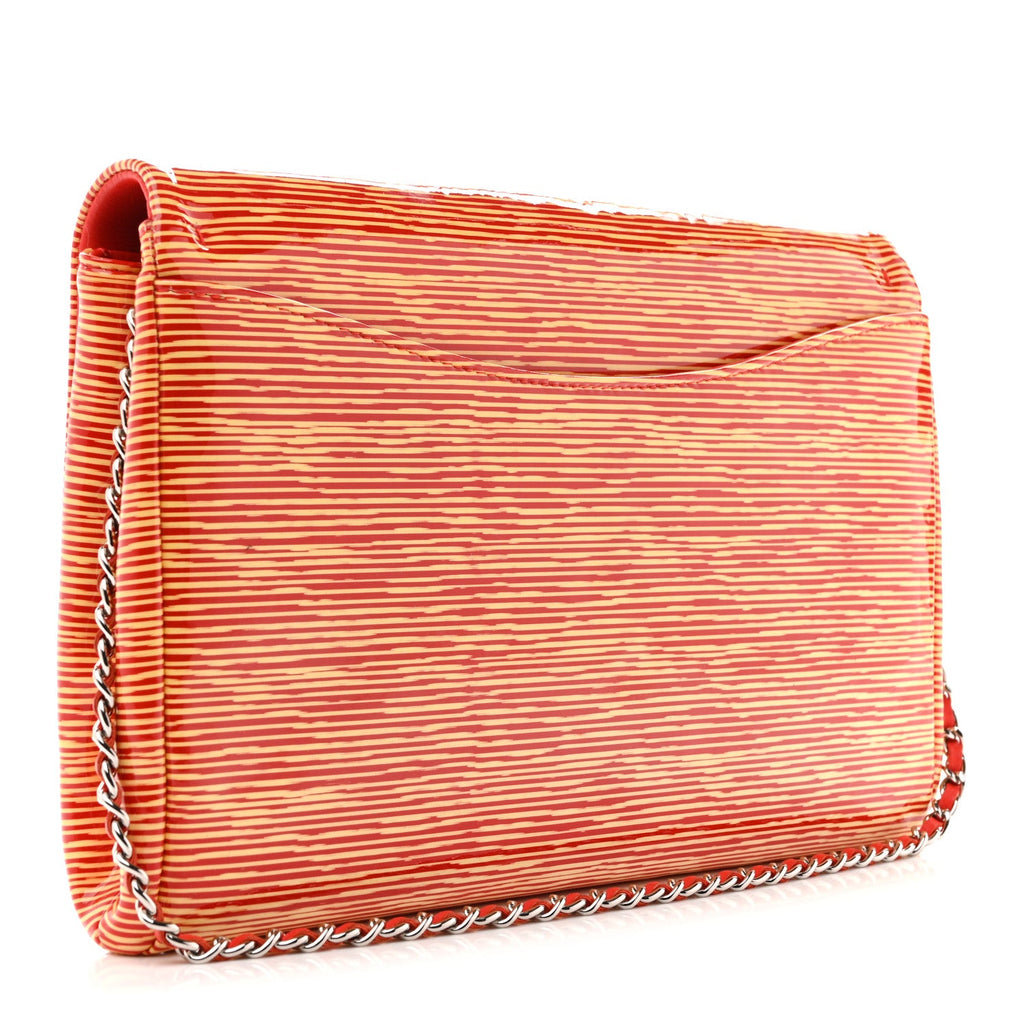 Patent Calfskin Striped Clutch With Chain Flap Red