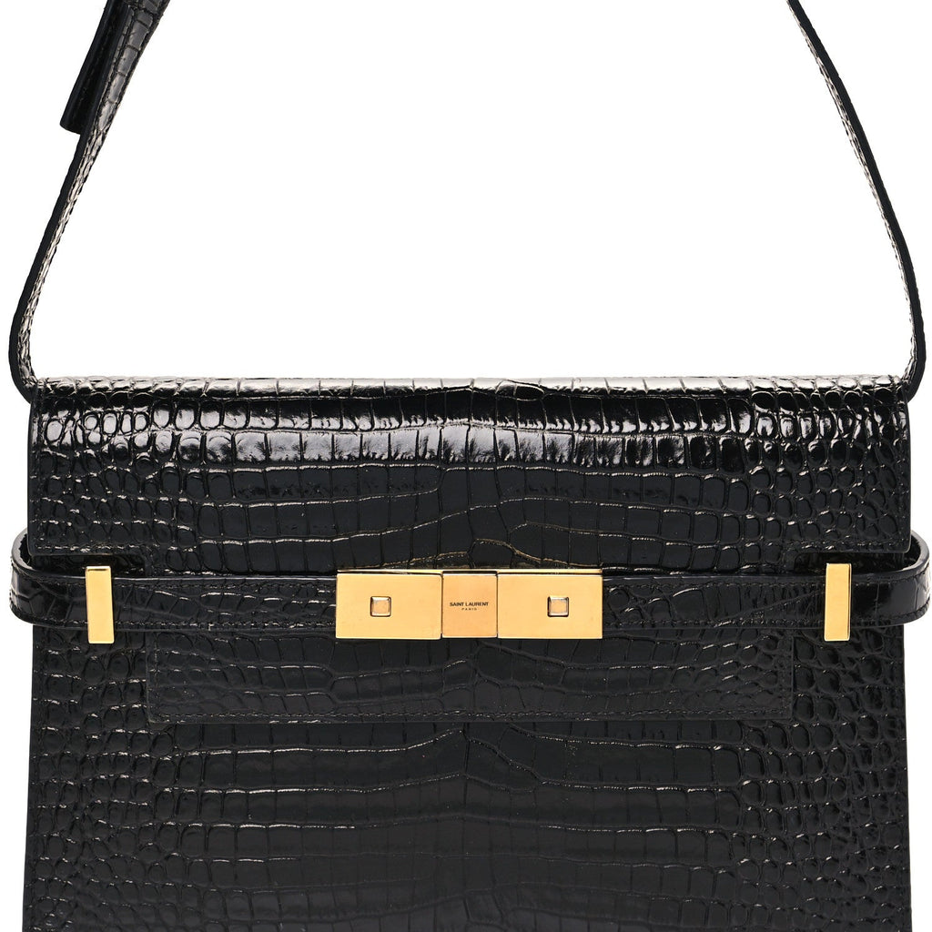 Shiny Calfskin Crocodile Embossed Small Manhattan Baguette Black