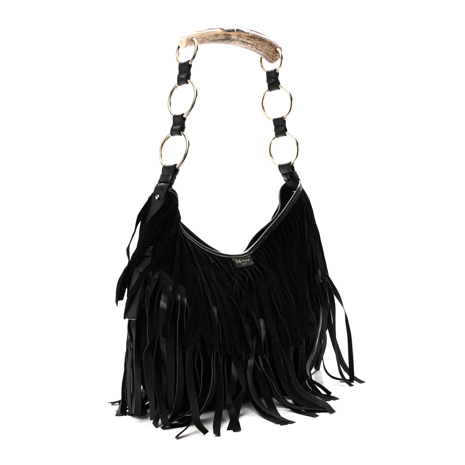 Suede Calfskin Fringe Buffalo Horn Mombasa Hobo Black