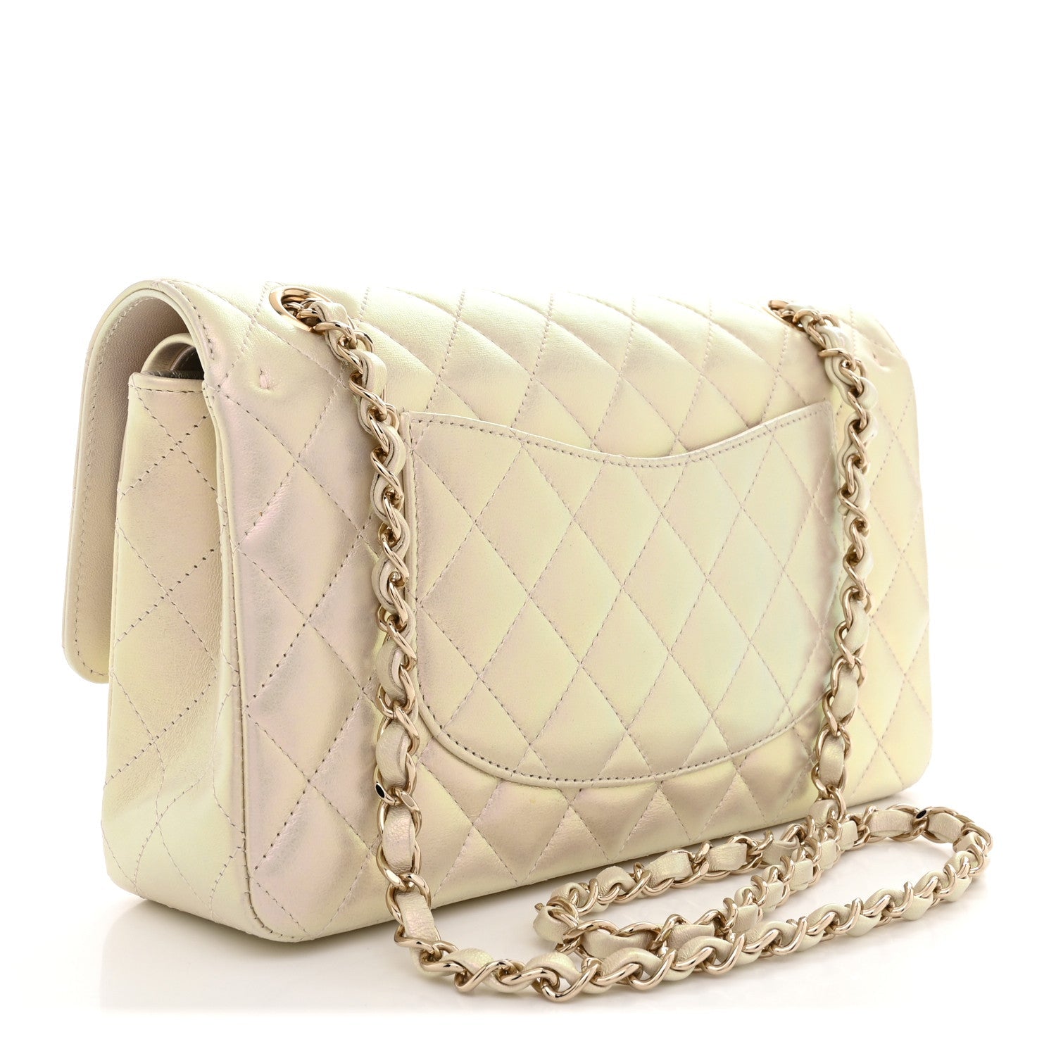 Iridescent Lambskin Quilted Medium Double Flap Ivory Ivory