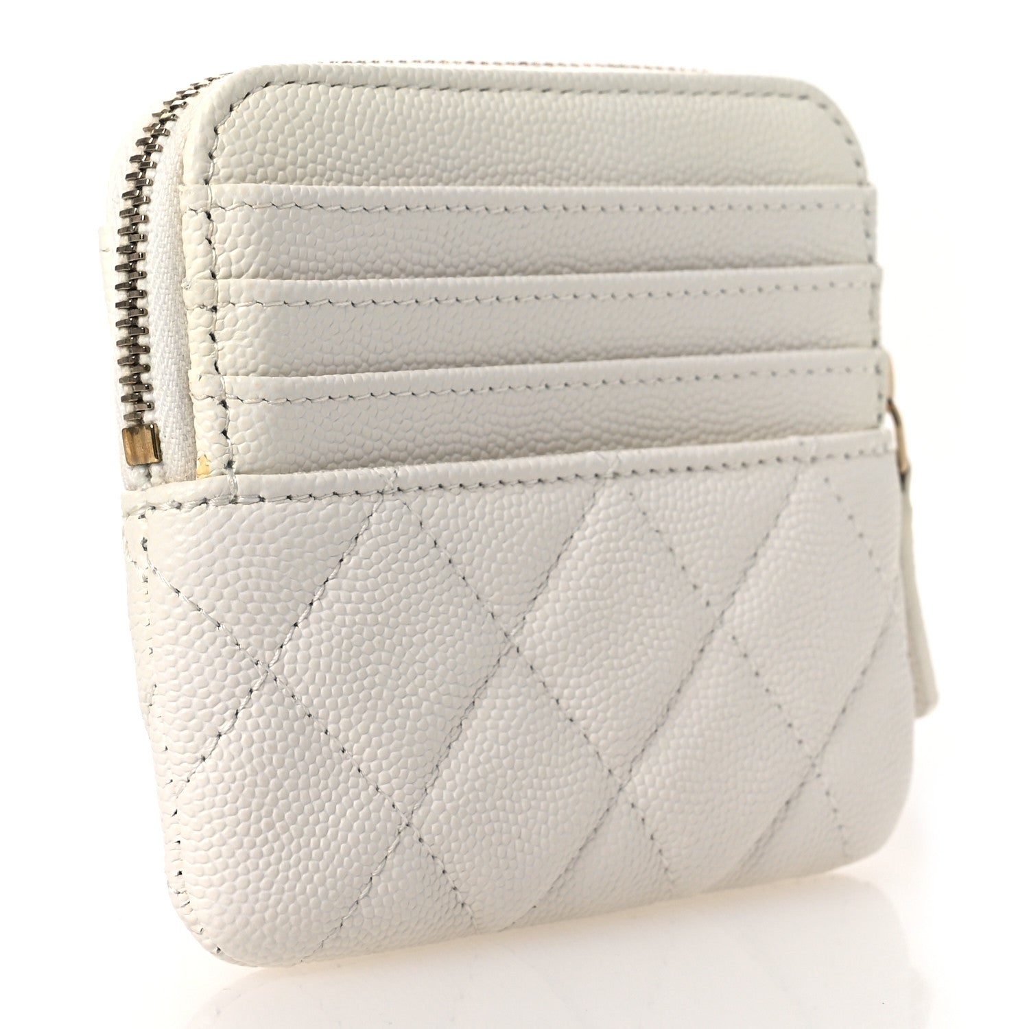 Caviar Quilted Zip Card Holder Wallet White
