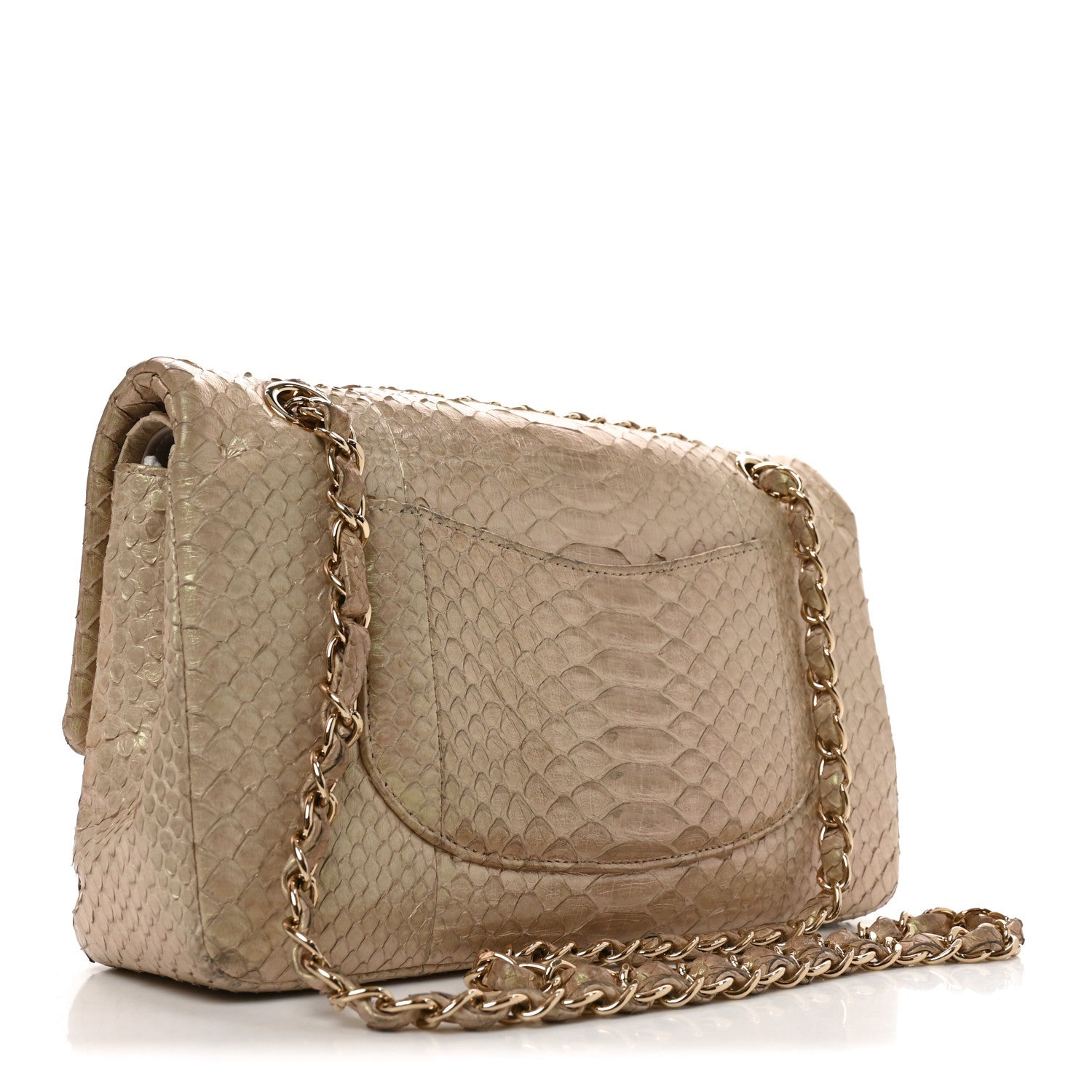 Metallic Snakeskin Medium Double Flap Light Beige