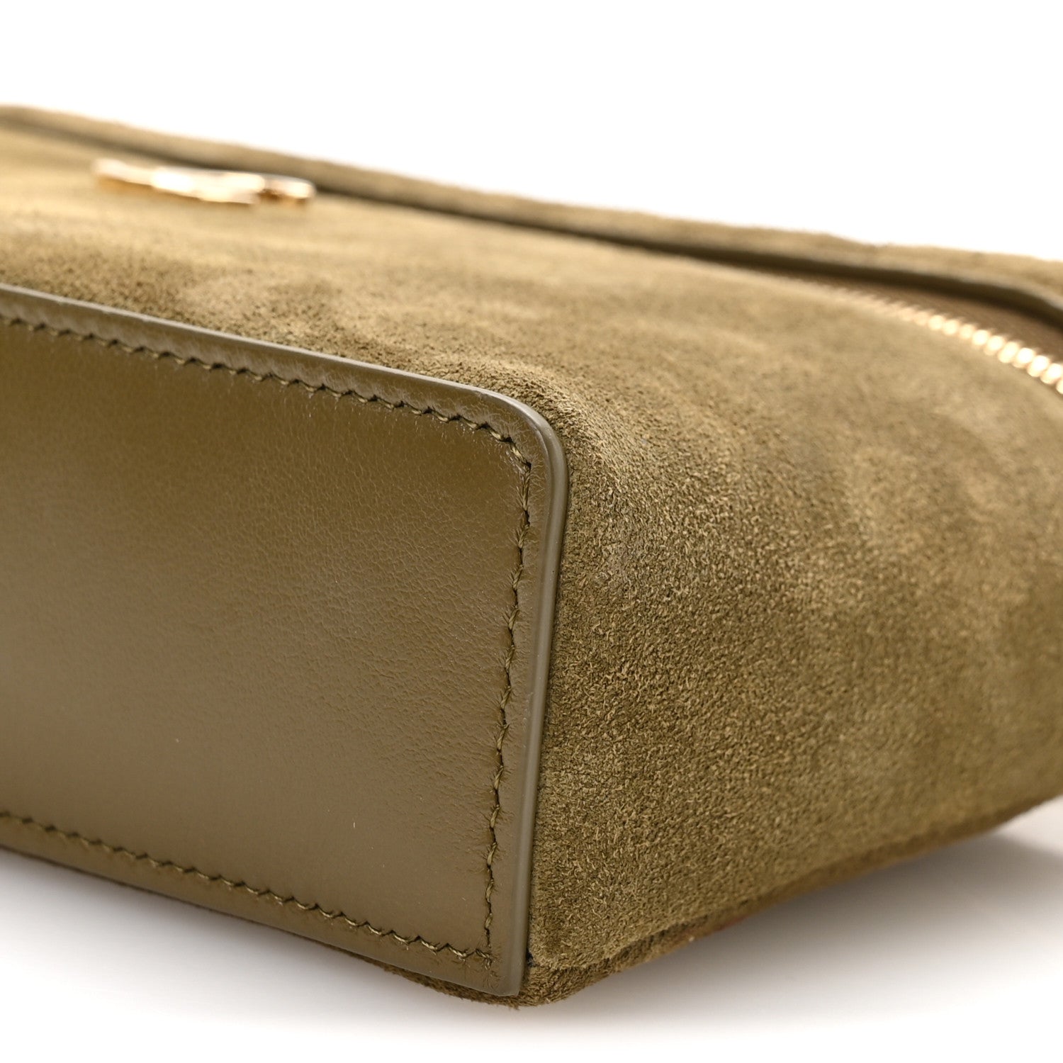 Suede Calfskin Top Handle Slim Vanity Case With Chain Dark Khaki