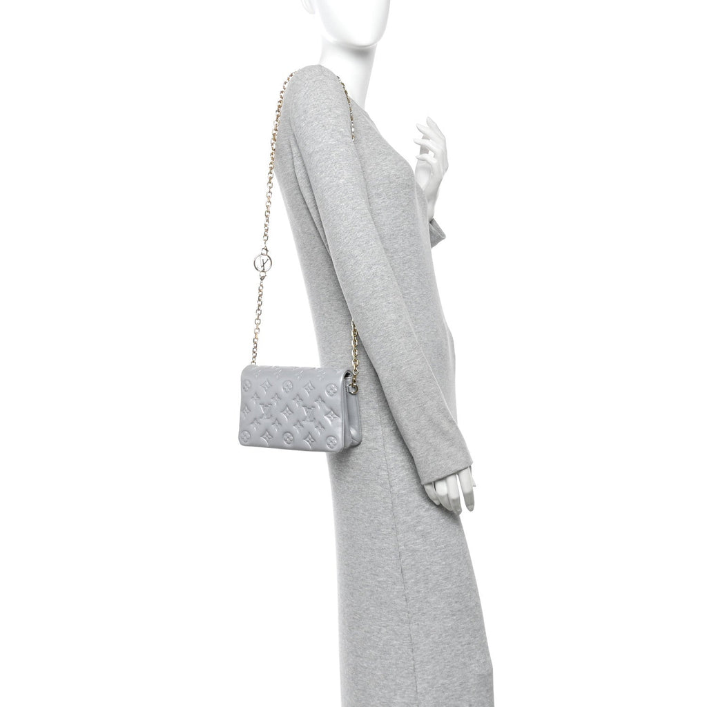 Metallic Lambskin Embossed Monogram Pochette Coussin Silver