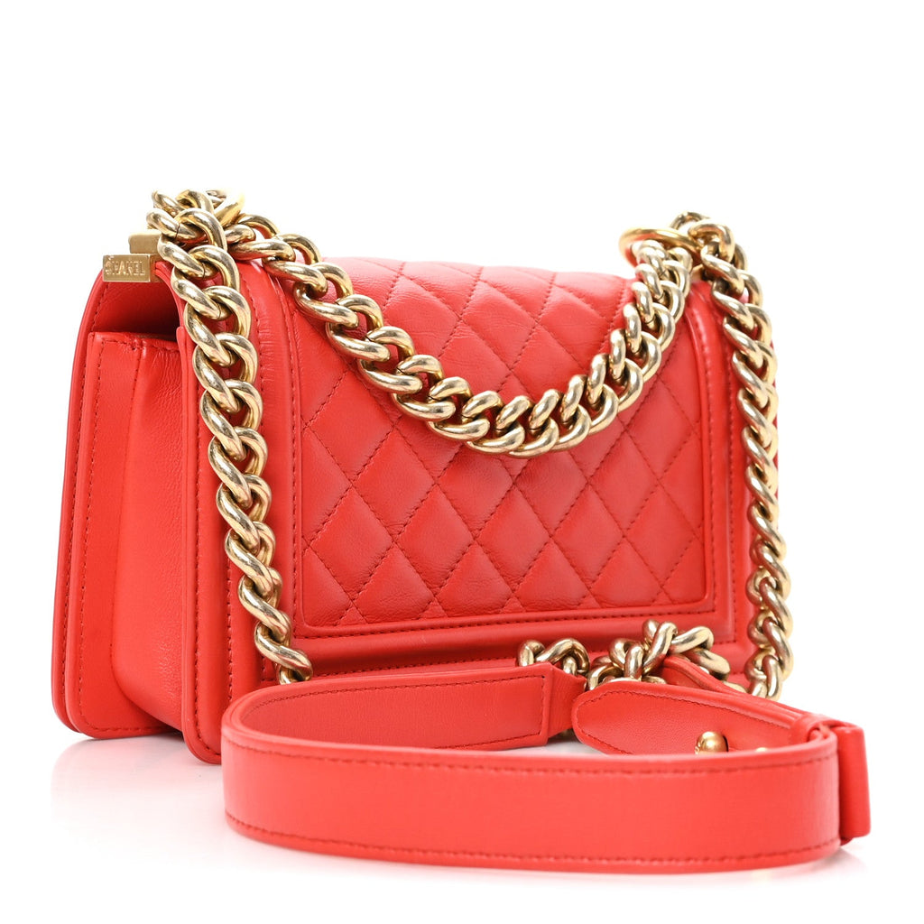 Lambskin Quilted Small Boy Flap Red