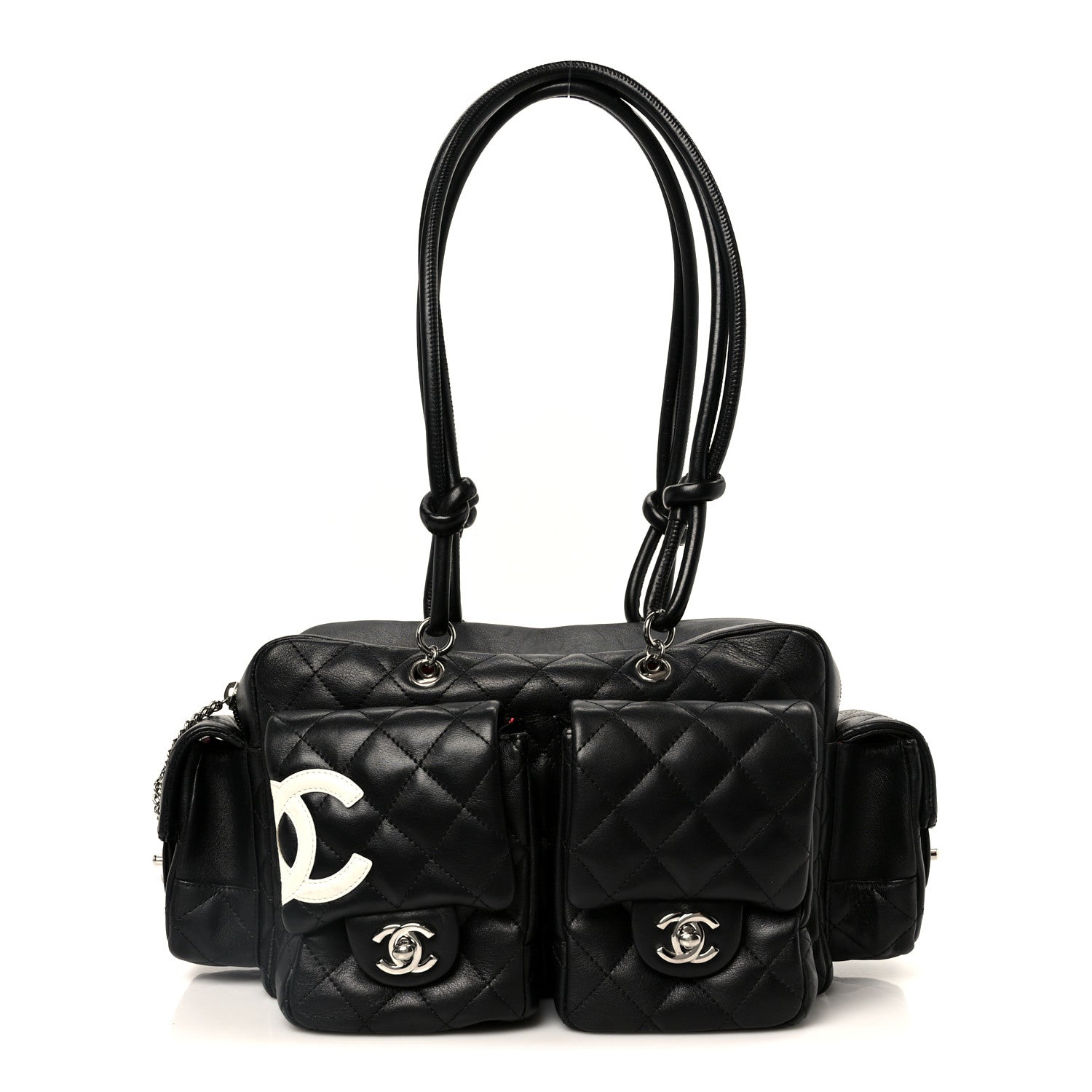 Calfskin Quilted Small Cambon Multipocket Reporter Black White